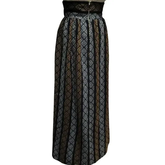 1960s High Waisted Handmade Tribal Boho Print Maxi Skirt Grommet Tie Front SZ XS